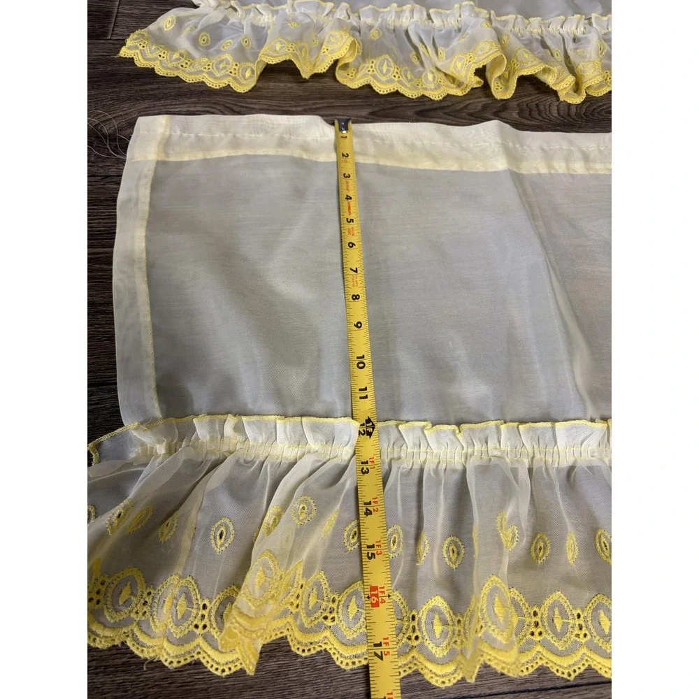 Yellow Ruffled Sheer Window Curtains‎ Set Valances Swags Embroidered Country